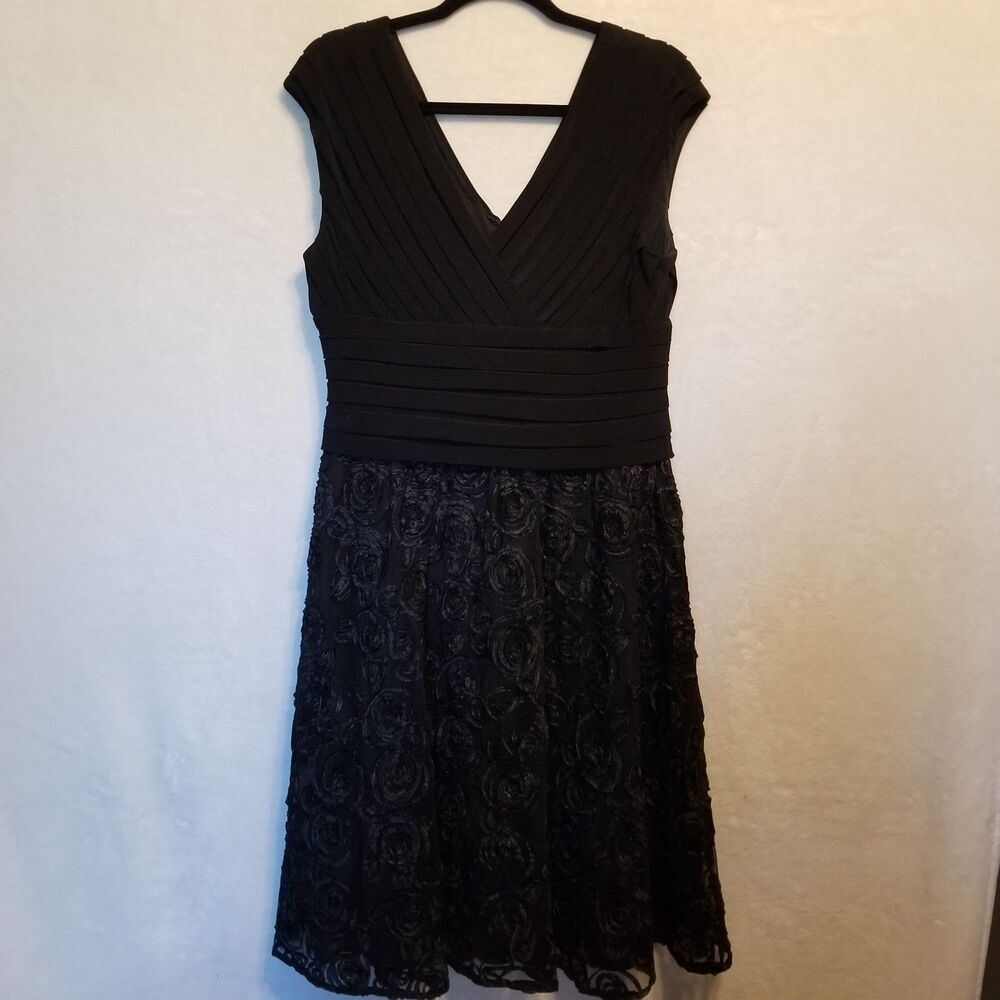 Adrianna Papell 14 Dress Black Pleated Bodice Rosette Chiffon Skirt Whimsigoth